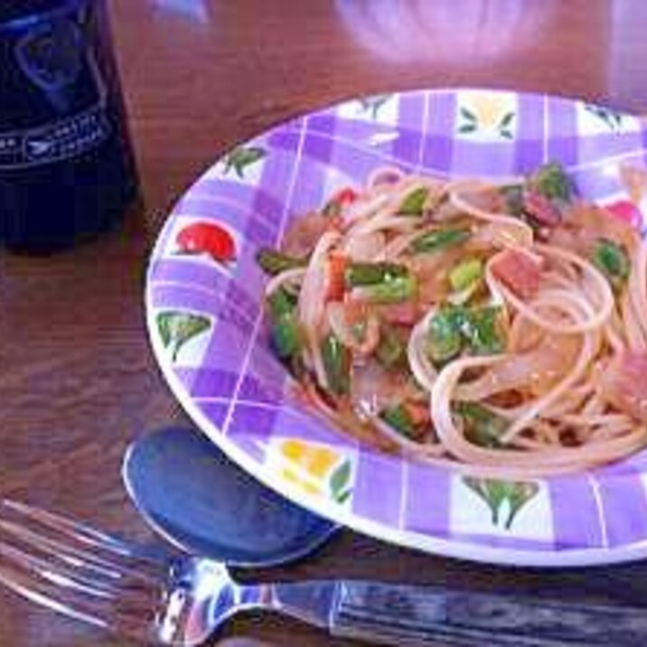 簡単に本格派☆厚切りベーコンとお野菜の和風パスタ♩